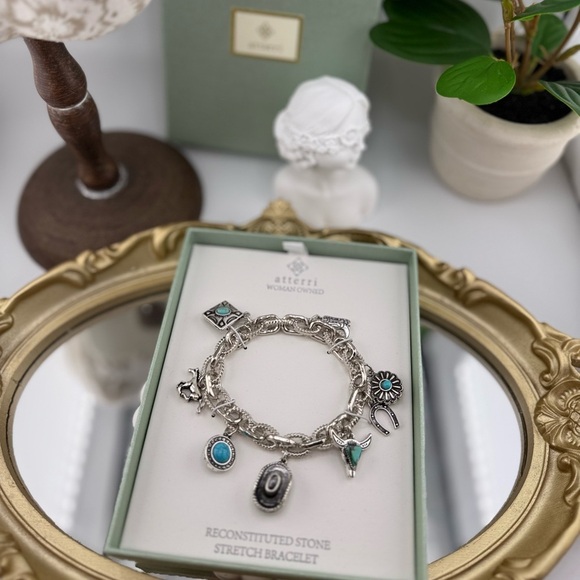 Atterri Western Charm Bracelet – Silver Stretch with Reconstituted Stone Accents - Picture 1 of 5
